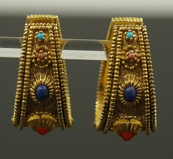 A pair of continental high carat gold and semi-precious gem set hinged loop earrings